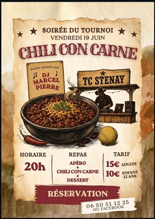 Soirée du tournoi de tennis le vendredi 19 juin avec un Chili Cone Carne